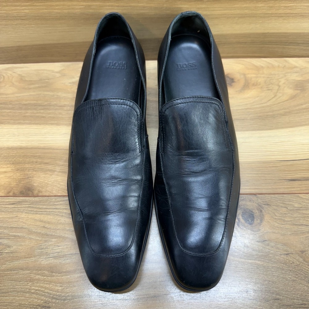HUGO BOSS Dress Loafers Mens 9 Black Leather Square Toe‎